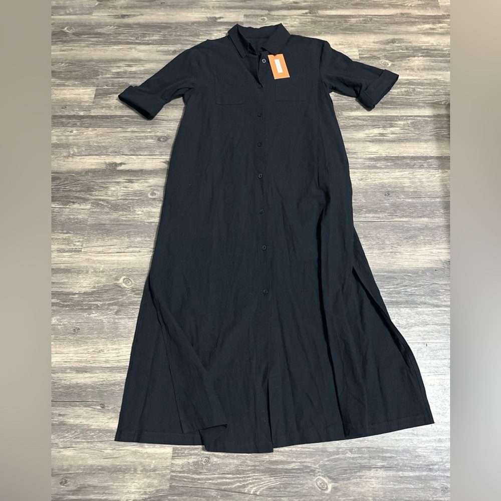 New collection Black Button Up Split Long Dress